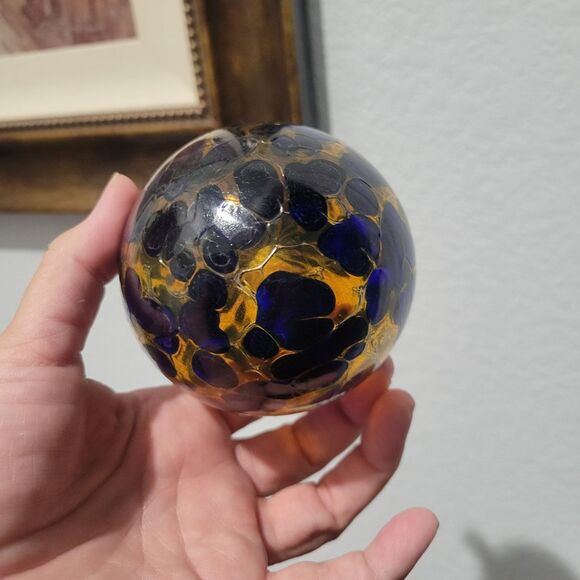 Hand Blown Art Glass Witch Ball Orb Ornament Suncatcher Blue Yellow 3" 2010 sign - Picture 4 of 8